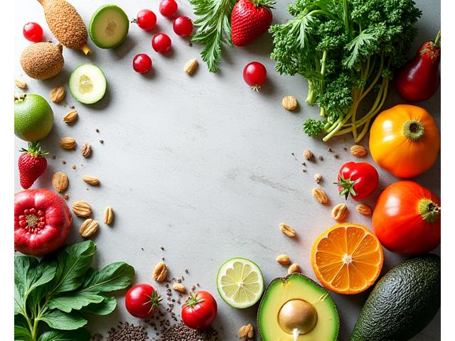 A vibrant and diverse selection of superfoods like berries, leafy greens, nuts, and seeds arranged artfully, bathed in natural light