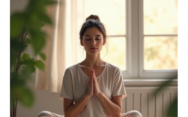 Person practicing meditation in a peaceful setting